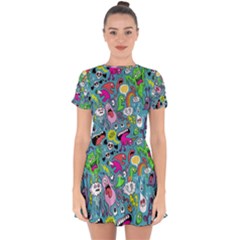 Monster Party Pattern Drop Hem Mini Chiffon Dress by BangZart