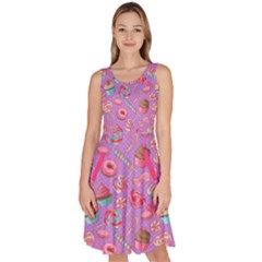 Lavendar Yummy Colorful Sweet Lollipop Candy Macaroon Cupcake Donut Seamless Knee Length Skater Dress With Pockets  by CoolDesigns