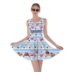 Light Blue Cakes Pink Lollipop Candy Macaroon Cupcake Donut Skater Dress by CoolDesigns