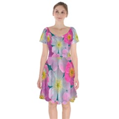 Pink Neon Flowers Flower Short Sleeve Bardot Dress by Cemarart